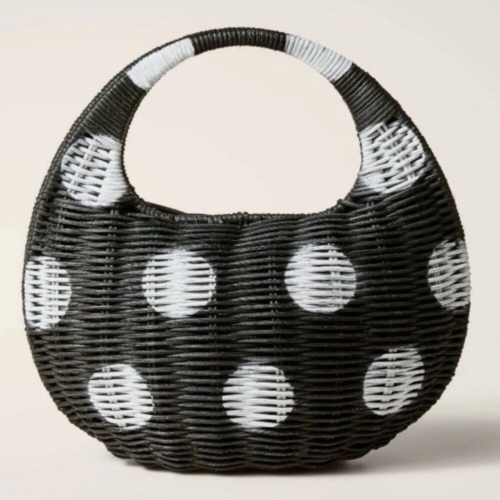 NWT Black and White Kate Spade Polka Dot Wicker Handbag - Picture 2 of 4